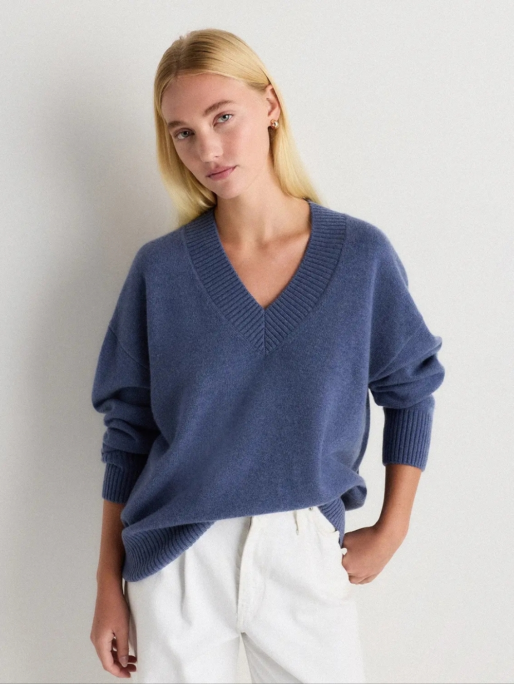 Quince Mongolian Cashmere Oversized V Neck Sweather Size Small Storm Blue NWT